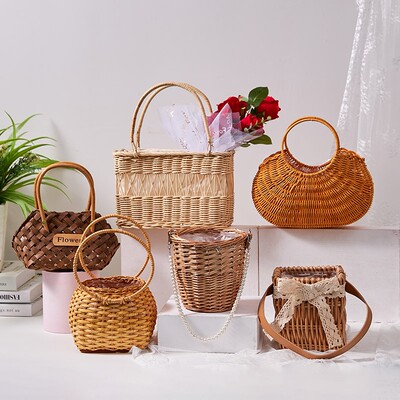 竹编鲜花篮藤编小花篮干花插花篮子田园风小花蓝伴娘撒花野餐花筐