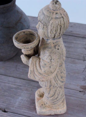 古代老烛台仿古做旧出土油灯盏 复古陶俑蜡烛台成对 摄影装饰摆件