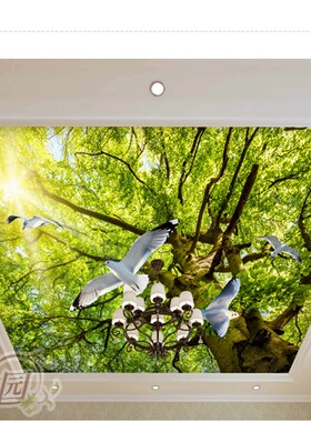 天花板吊顶壁纸自粘墙纸3d立体壁画创意墙贴画贴纸蓝天大树绿荫叶