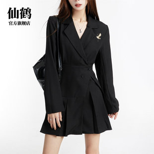 仙鹤女装黑色西装连衣裙女秋收腰百褶裙设计感通勤风显瘦A字短裙