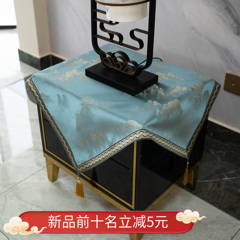桌布轻奢高级感盖布小圆方桌中式灰D蓝色防尘布保险柜罩床头柜盖