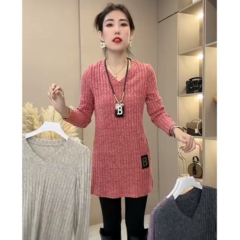 中长款外穿针织衫女春秋冬立体装饰高级感气质V领长袖T恤打底上衣