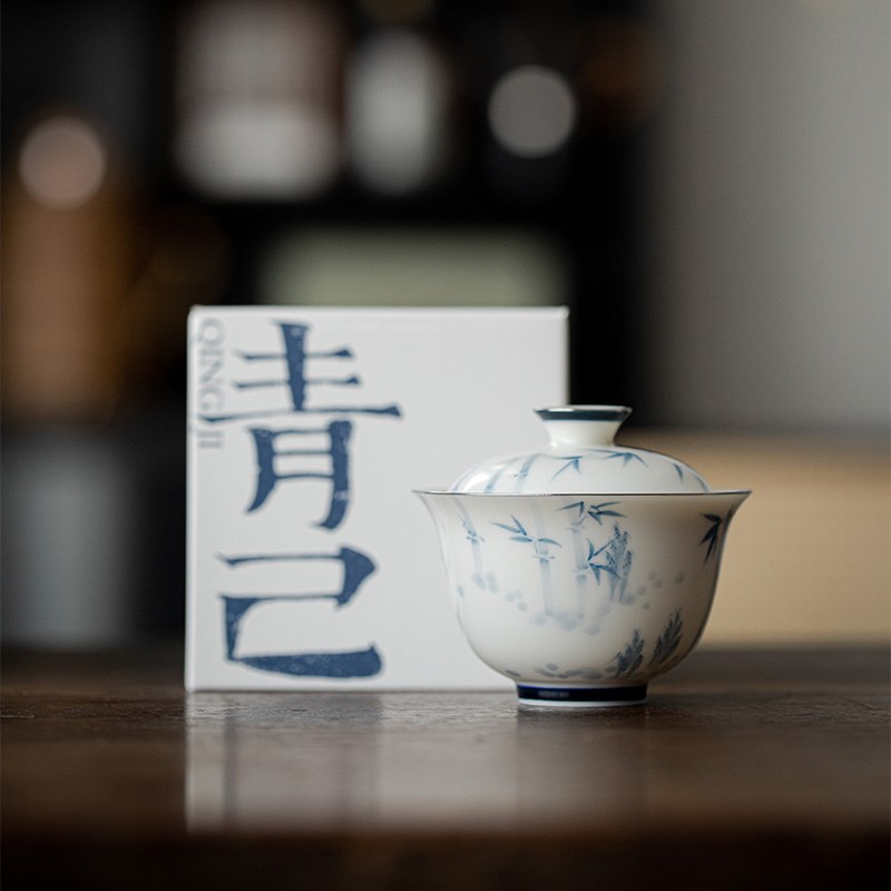 一品仟堂青己手绘青花盖碗釉下彩功夫茶具泡茶碗陶瓷文人福灵盖碗