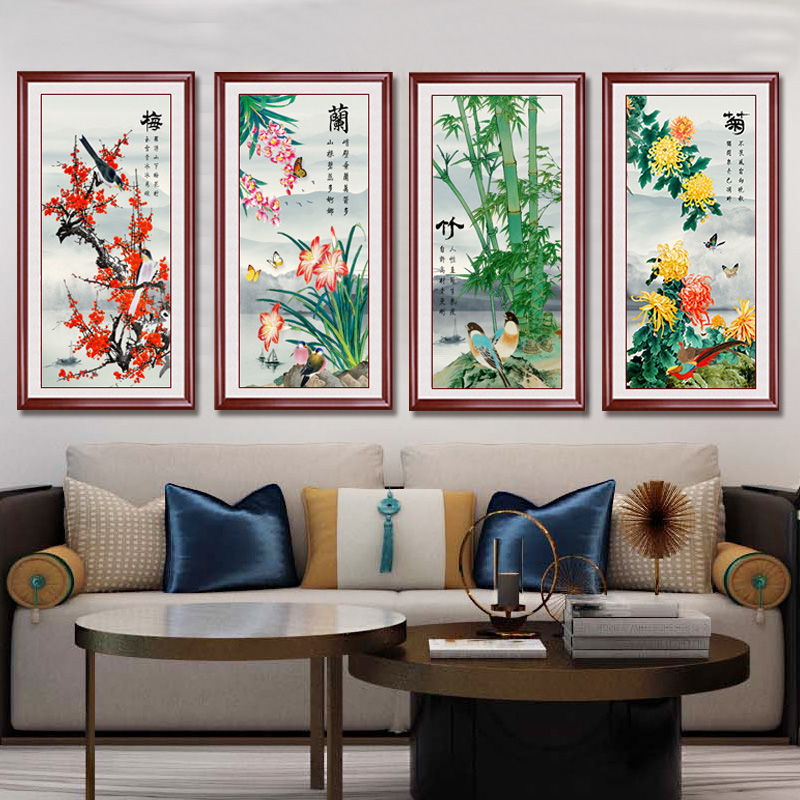 新中式客厅装饰画梅兰竹菊禅意挂画茶室书房酒店古典大气优雅壁画