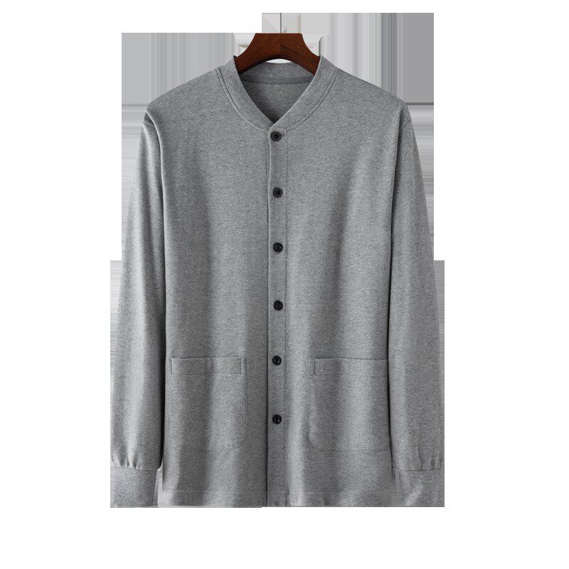 纯棉秋装中老年开衫厚棉T男薄款老人长袖T恤男开襟外套爷爷爸爸装