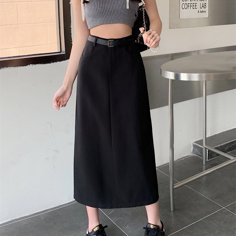 大码美式黑色西装半身裙女春季小个子高腰灰色开叉a字长裙子半裙