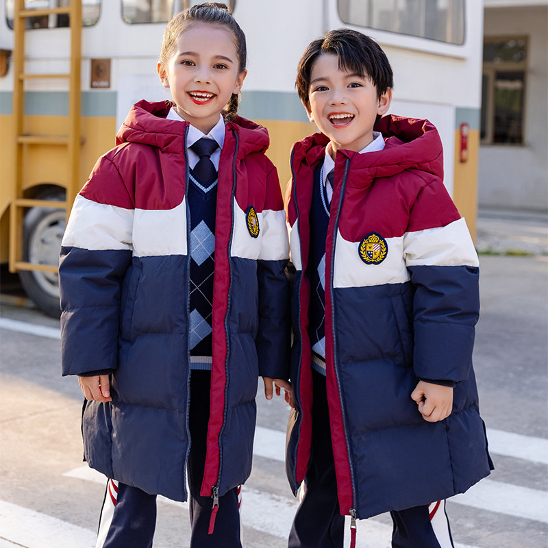 学院风酒红色中长棉衣棉裤套装小学生秋冬新款男女童班服幼儿园服