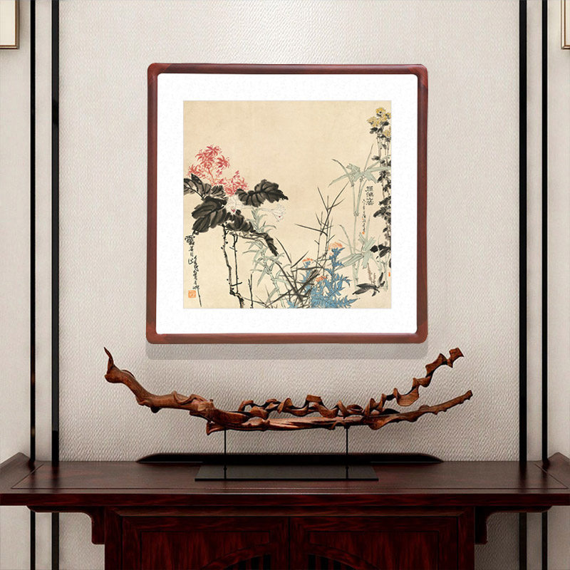 国画斗方形字画客厅玄关装饰画办公室书房挂画潘天寿雁荡山花图