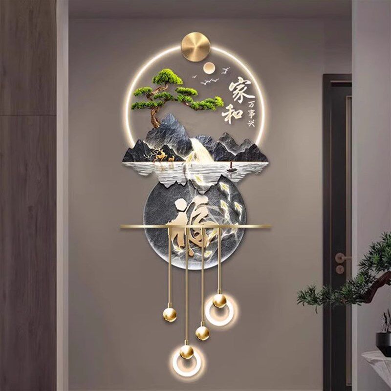 迎客松玄关装饰画高档立体壁灯山水风景流水生财入户走廊过道壁画