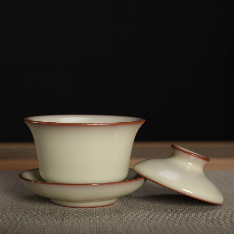 哥窑青瓷金炼手工猪油冻盖碗米黄釉不开片陶瓷功夫茶具泡茶碗大号