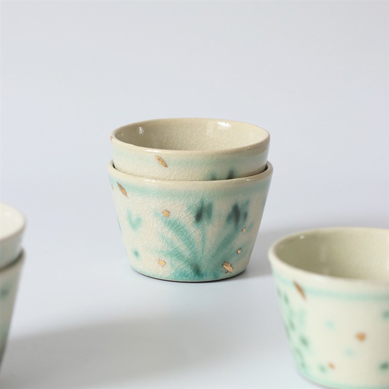 三生新品粉引手绘绿彩茶壶手握杯猪口杯水杯茶杯