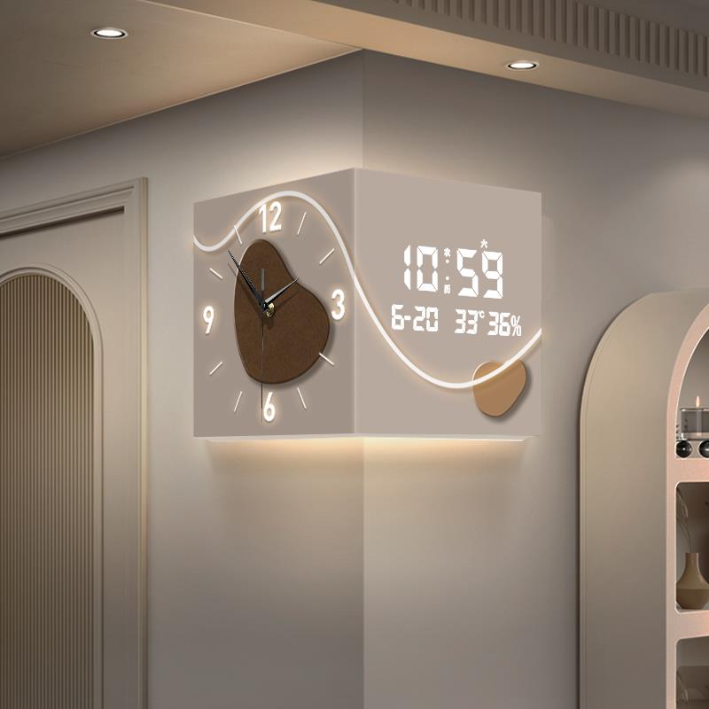 时来运转客厅装饰画免打孔转角双面挂钟创意时钟led灯壁钟表挂墙