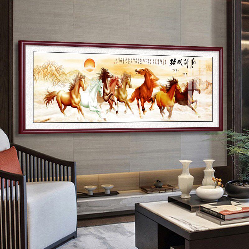 八骏图客厅挂画国画办公室沙发背景万马奔腾装饰X画骏马图壁画