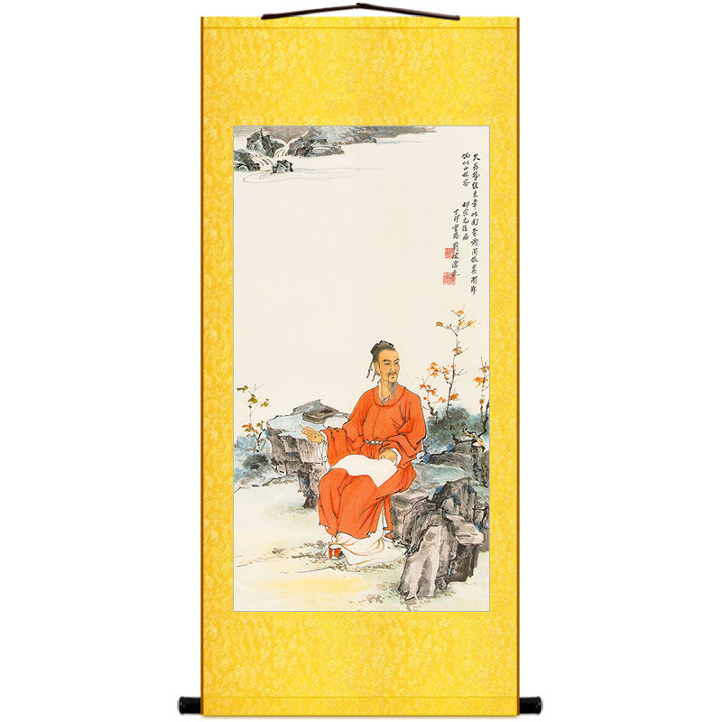 杜甫人物画像 柳宗元历史文人诗人卷轴挂画 书房丝绸装饰画定制