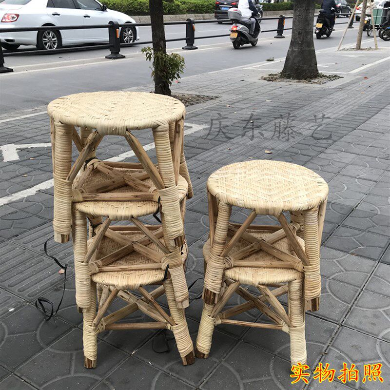 老式小藤椅缝盘腾椅单人天然藤编织无背复古毛衣怀旧圆凳方凳老人
