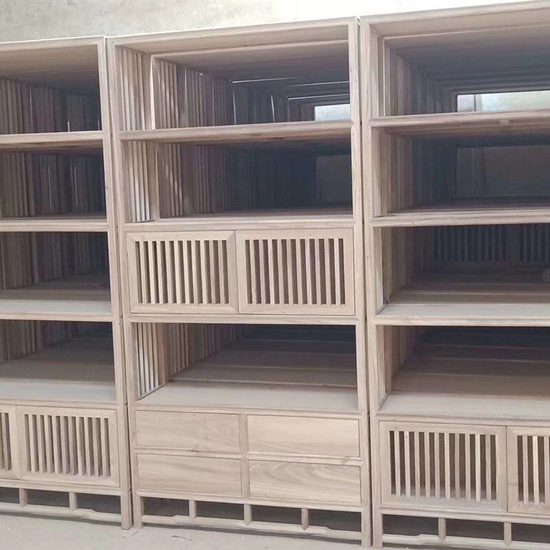 新中式榆木书柜博古架茶室展示柜禅意书柜格子办公室书柜原木色