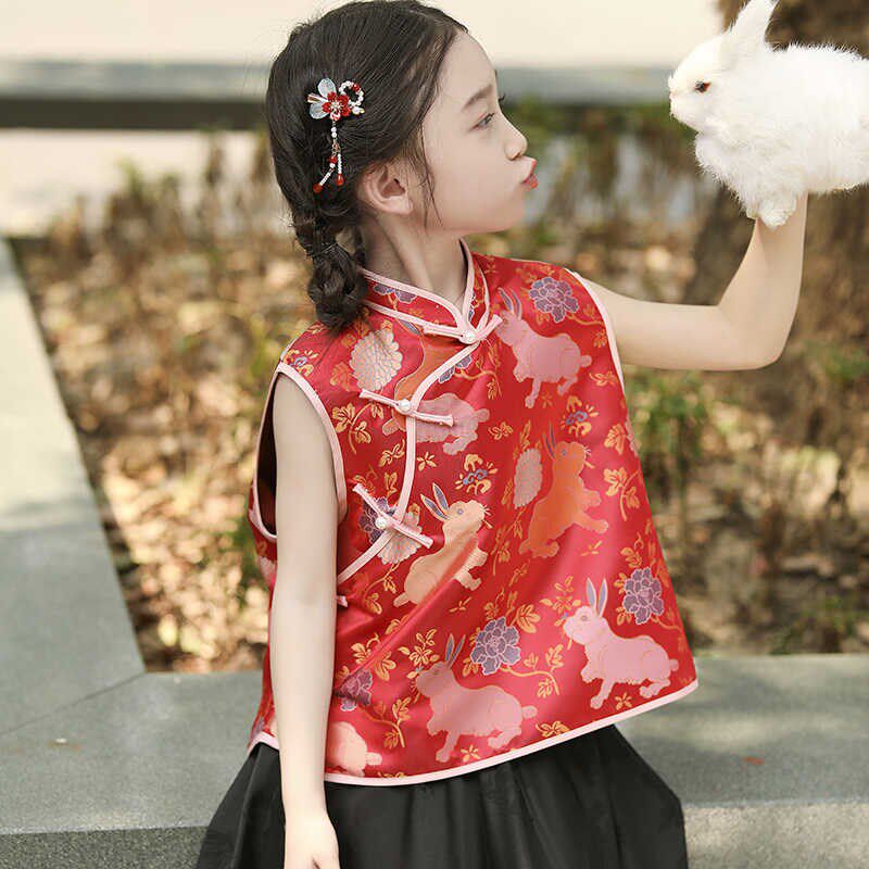 儿童春夏款新中式汉服女童中国风背心红色唐装宝宝马甲抓周礼服