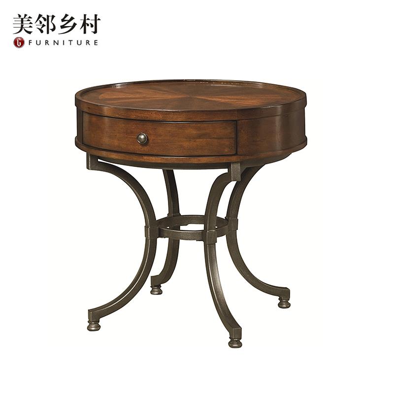 纯正美式全实木铁艺金属实木圆形角几复古小圆几欧式休闲沙发边几