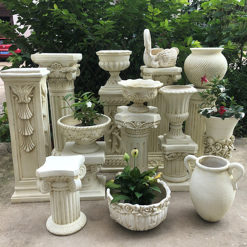 欧式罗马柱摆件边几落地装饰仿石膏复古花架花园花盆底座婚庆路引