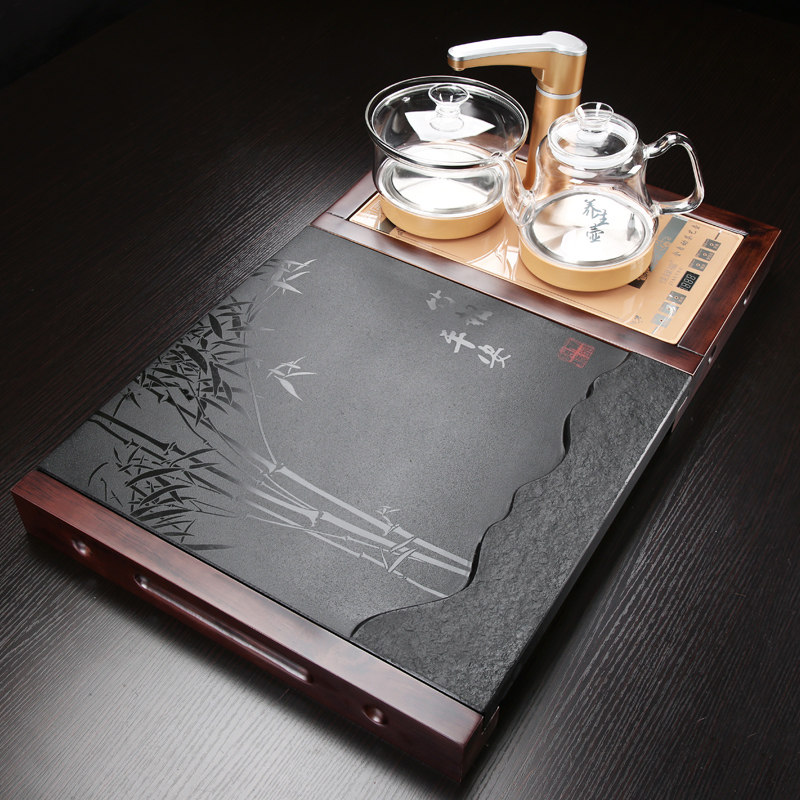 乌金石茶盘套装一体小型全自动泡茶台家用实木排水茶海石盘茶具托