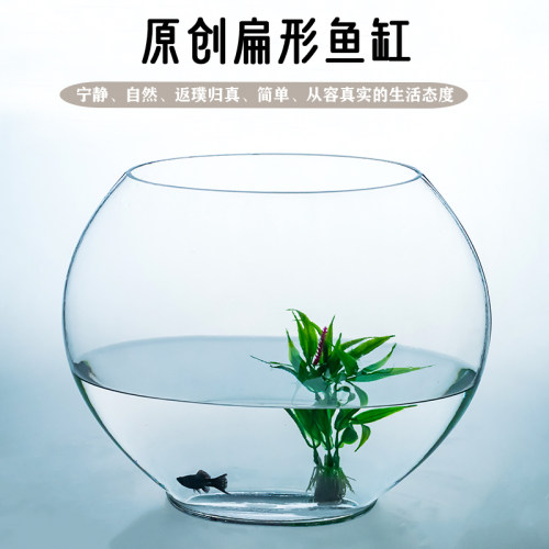 包邮透明玻璃鱼缸扁鱼缸办公桌家居金鱼缸简约圆形水培鱼缸金鱼缸