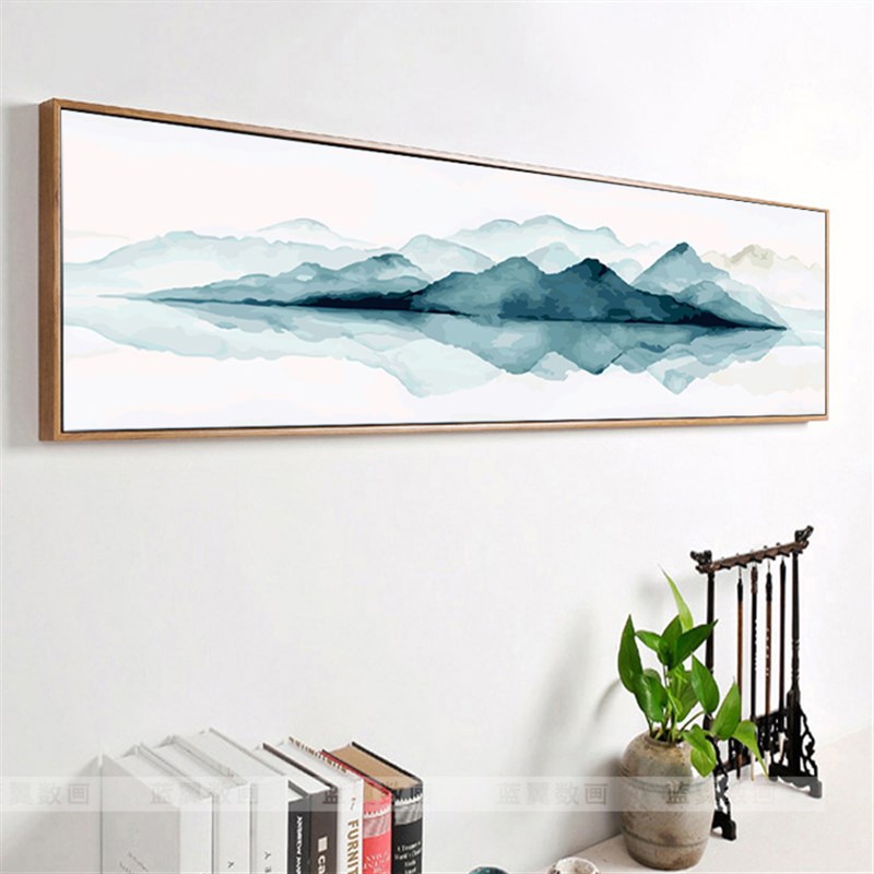 新中式横版diy手绘数字油画写意禅意客厅卧室装饰画风景水墨山水