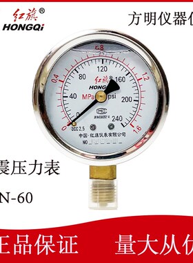 正品红旗仪表耐震防震压力表YTN-60真空负压1.6MPa 抗震YN压力表
