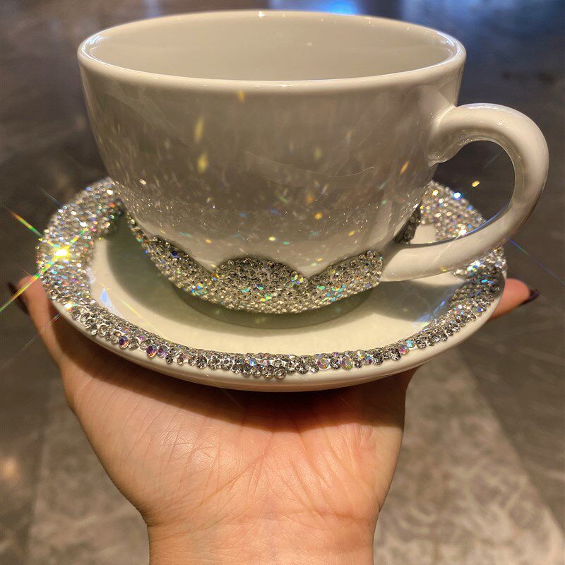 陶瓷咖啡杯套装高颜值镶钻牛奶燕麦早餐杯轻奢家用办公室水杯网红
