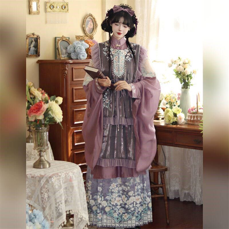醉时阁【春水如兰】汉洋折衷套装斜襟长衫马面裙显瘦清新紫色蓝色