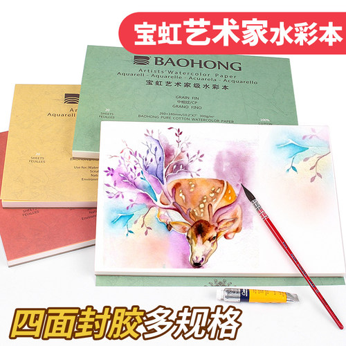宝虹艺术家级水彩本300g四面封胶纯棉手绘本粗中细纹16开8开4开纸