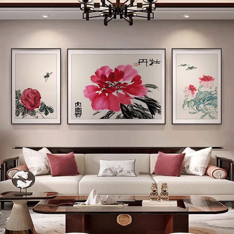 新款中式客厅墙壁装饰画水墨画沙发背景墙挂画三联画荷花茶室壁画