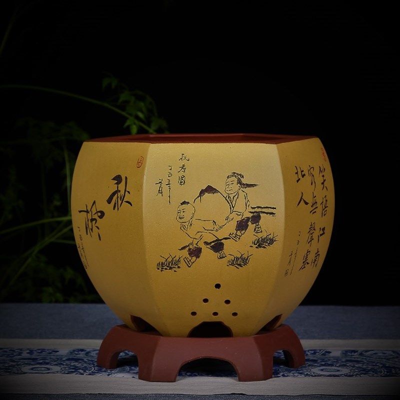 宜兴紫砂花盆六方花盆 带底座 盆景花盆陶瓷古典兰花盆 包邮