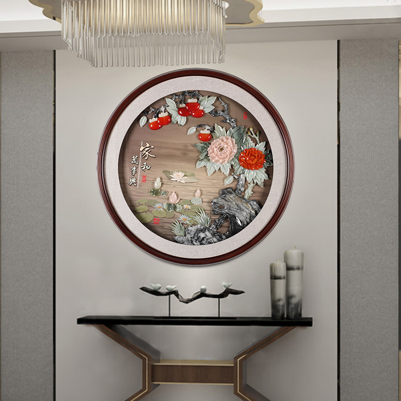 新中式入户玄关走廊过道圆形带led灯光装饰画高端简约玉石玉雕画