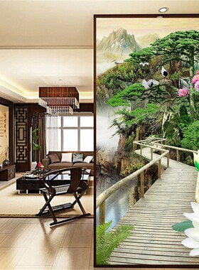 山水风景画玄关屏风竖款新中式客厅酒店装饰中餐厅可定制自粘壁画