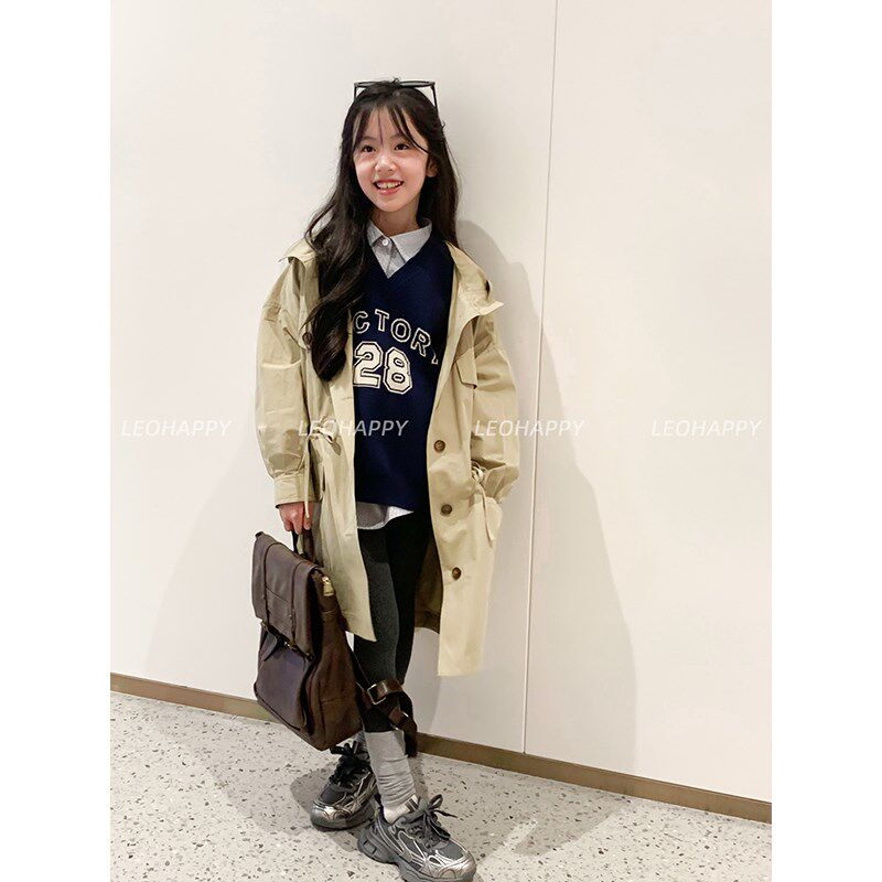 LEOHAPPY女童风衣春秋款儿童外套中长款连帽英伦风中大童休闲上衣