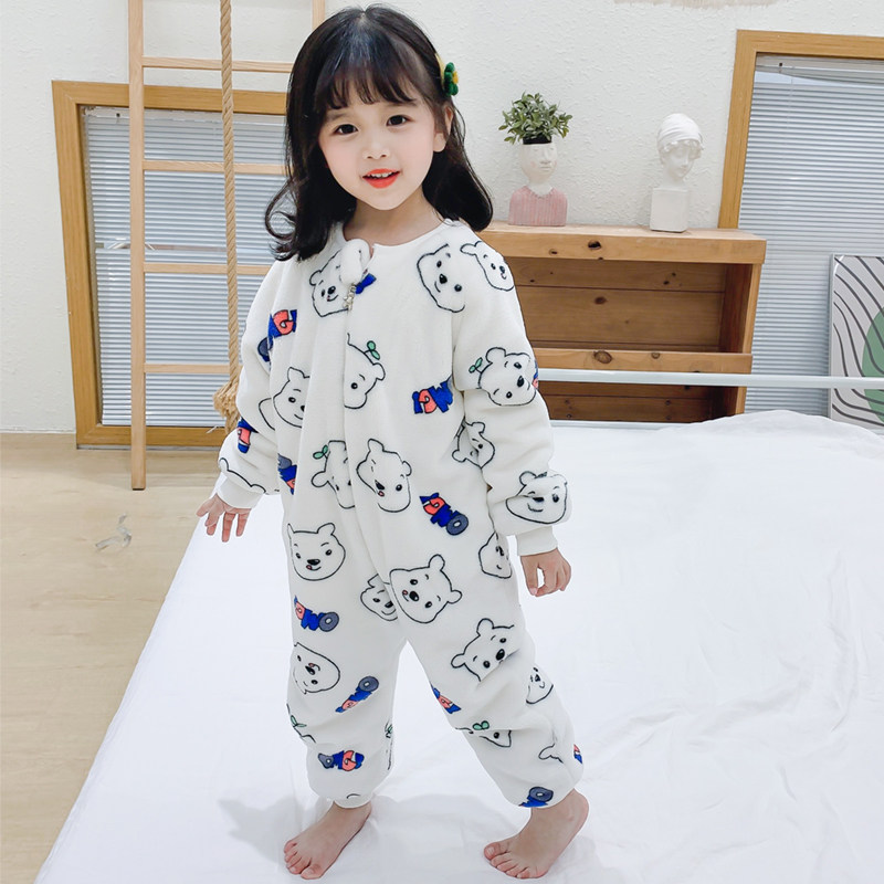 儿童连体睡衣宝宝秋冬季加绒加厚法兰绒家居服珊瑚绒婴儿防踢睡袋