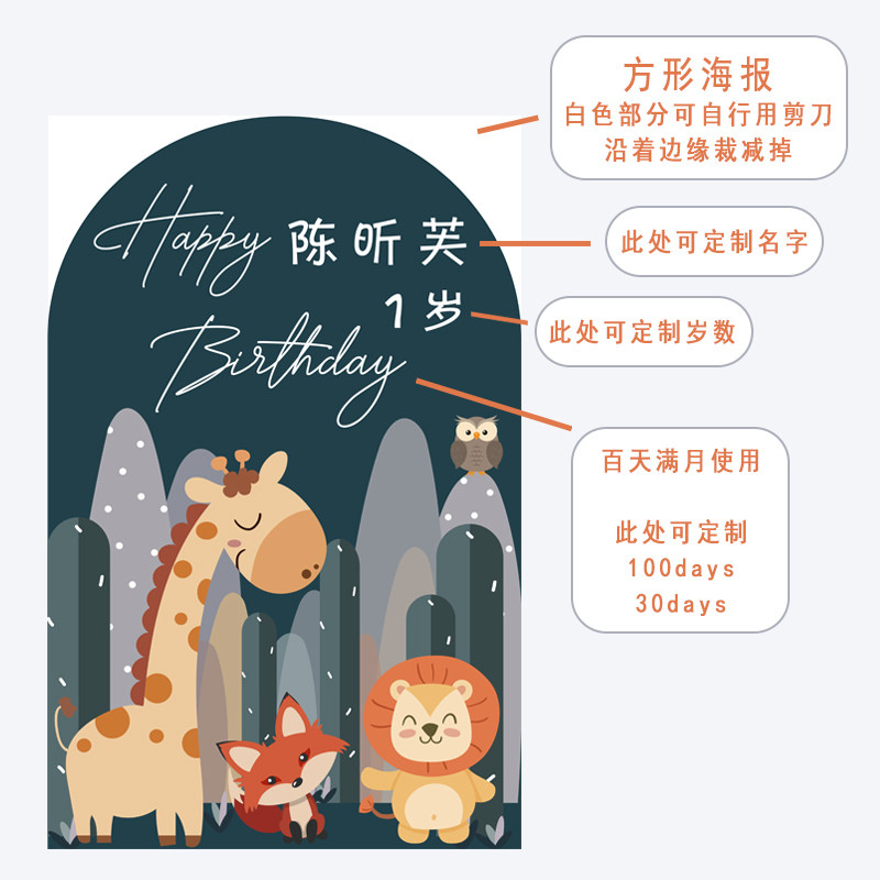 宝宝一周岁生日背景墙布置装饰男孩1女孩动物主题百日宴气球套餐2