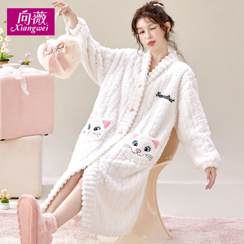 可爱猫咪卡通秋冬天加绒加厚长款睡袍V领女士珊瑚绒浴袍家居服