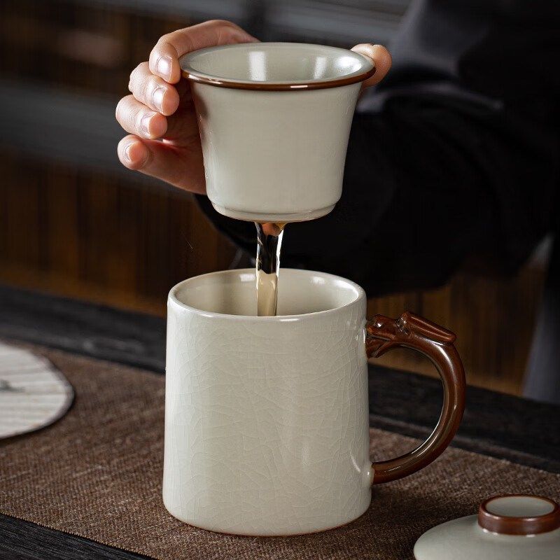 金镶玉汝窑茶杯男款陶瓷办公杯茶水分离商务办公室泡茶礼品礼盒装