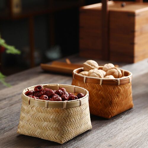 竹制品手工竹编筐干果盒家用桌面收纳筐中式复古竹篓零食水果篮子
