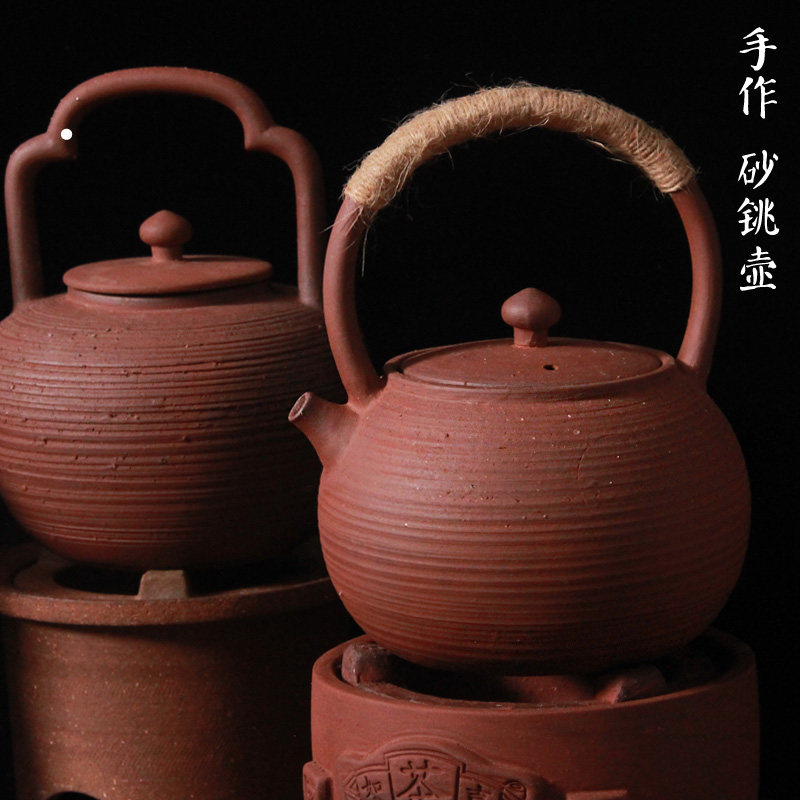 粗陶煮茶壶陶壶烧水壶功夫茶具泡茶壶电陶炉橄榄炭炉 手工砂铫壶