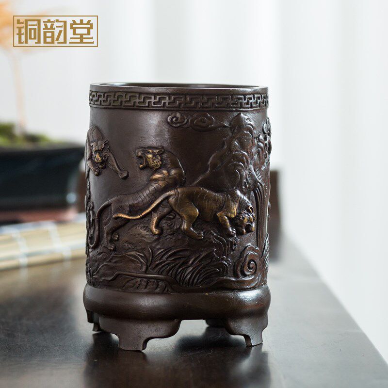 铜韵堂 铜制五虎笔筒摆件 创意个性书房装饰品教师节礼物铜工艺品