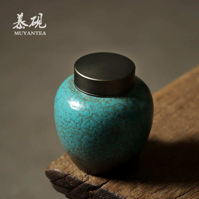 慕砚 日式窑变茶叶罐锡盖密封普洱存醒茶罐 家用陶瓷功夫茶具茶仓