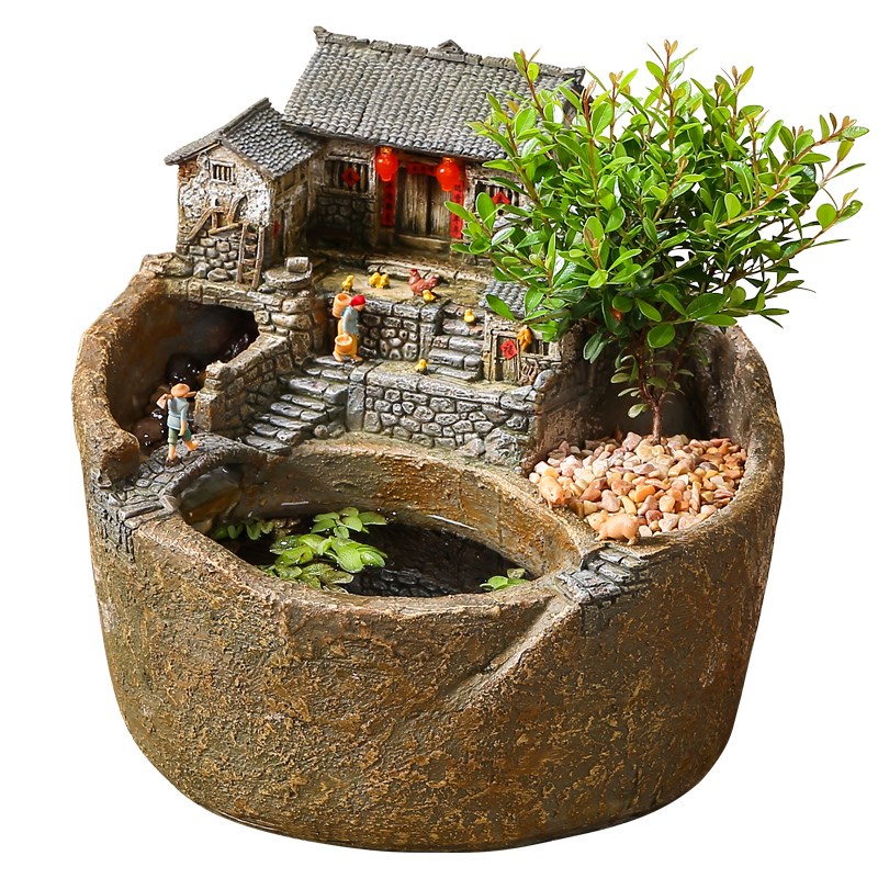 创意流水摆件循环水玄关永动露台造景鱼缸禅意造景茶几装饰品复古