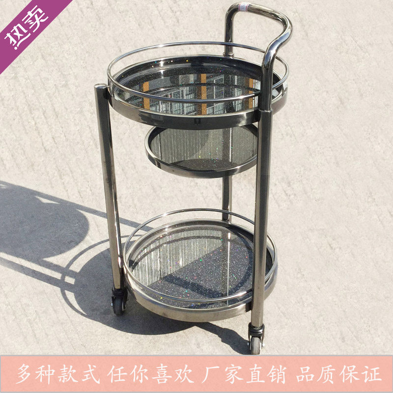 实木圆形推车双层酒水车不锈钢酒车三层酒店服务车餐厅餐车茶水车