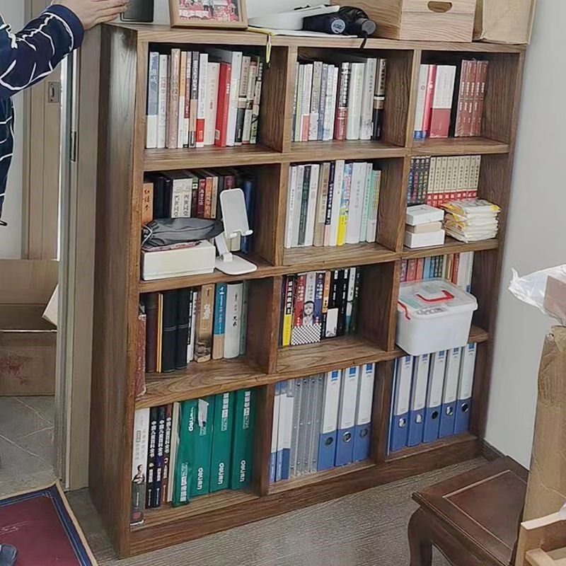 纯实木书架胡桃色格子原木榫卯组合收纳柜落地储物多层置物矮书架