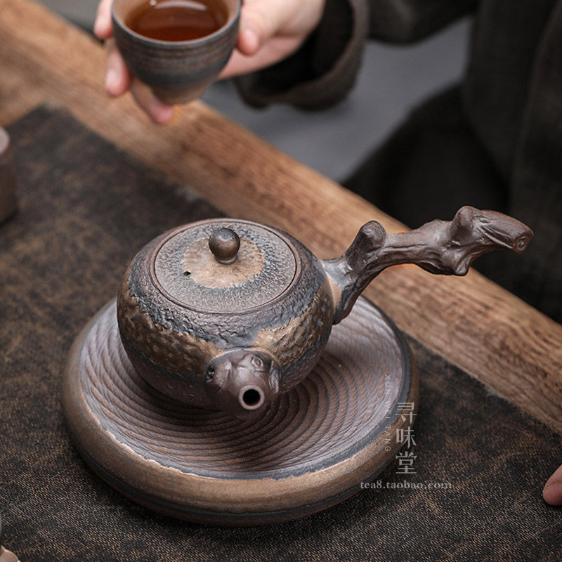 鎏金粗陶枯木壶手工复古石纹侧把壶古早烧铁釉茶壶功夫茶具单壶