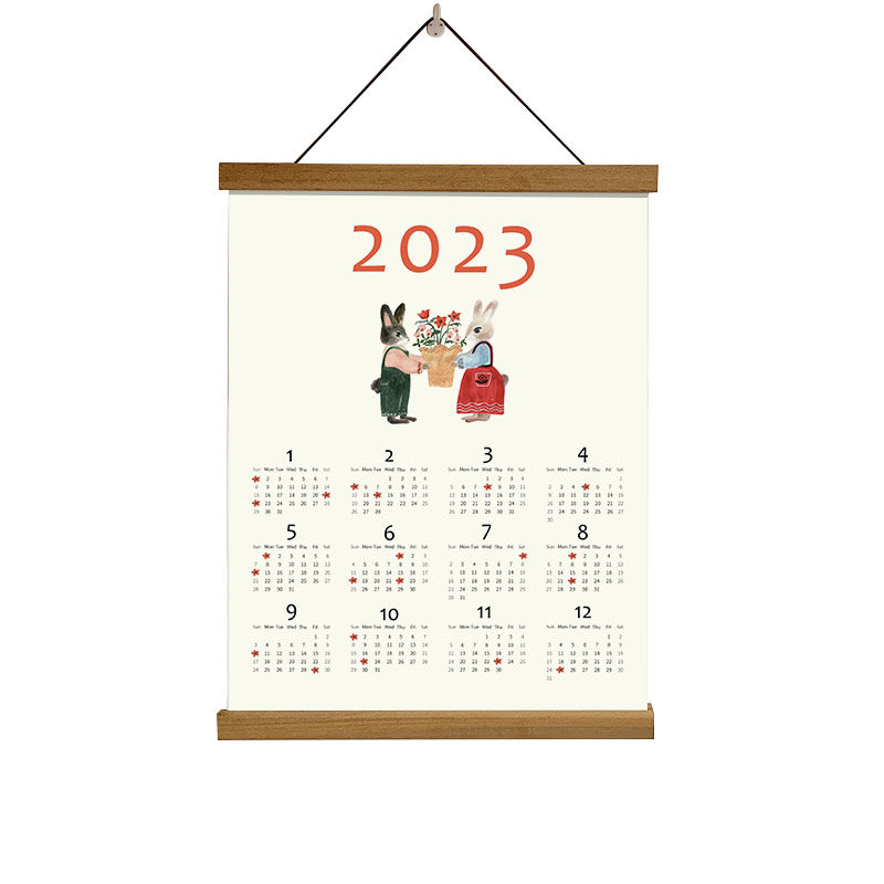 2023年兔年兔子日历挂轴画装饰画日式柚木胡桃木挂轴杆棉画布挂历