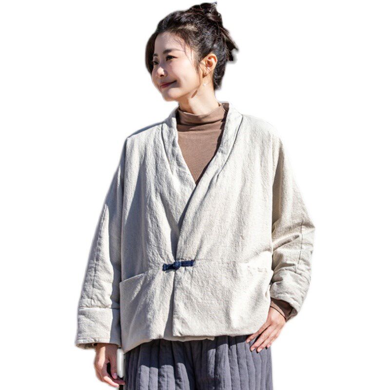 文艺夹棉茶服上衣女冬2024新款国风复古V领棉外套中式盘扣短棉衣