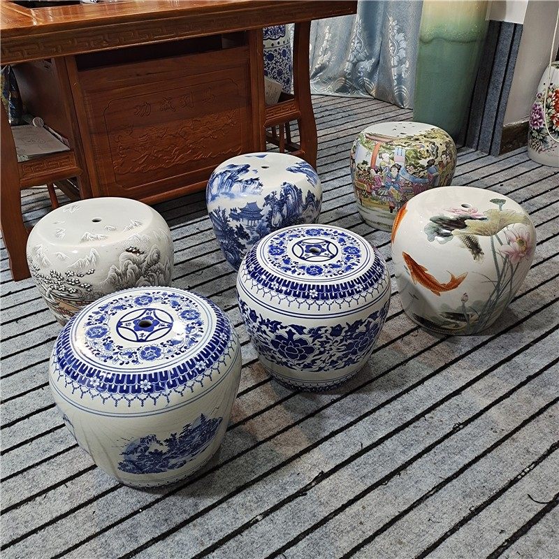 高温中式陶瓷凳子景德镇青花瓷器坐墩换鞋凳鼓墩凉墩浴凳矮凳花架